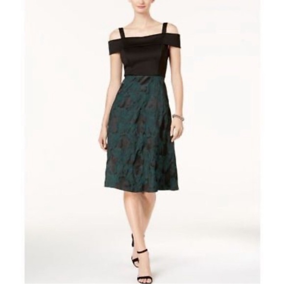 Donna Ricco Off The Shoulder Satin Jacquard Fit & Flare Dress in Emerald - Picture 1 of 3